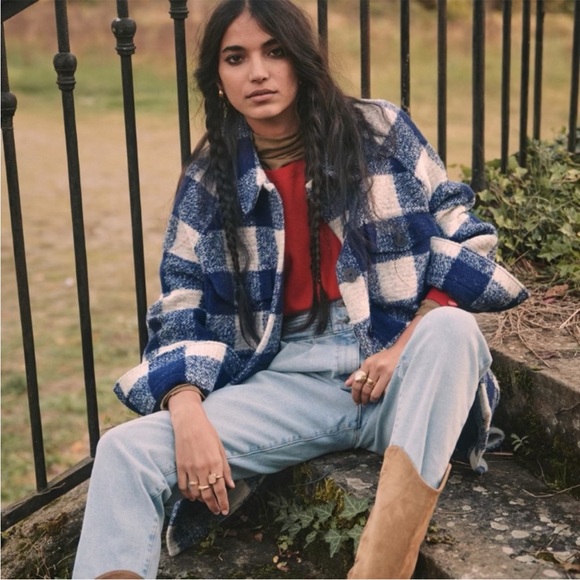 Sezane Wool Manteau Joe Jacket Coat in White and Blue check Size 6/36 - Picture 2 of 9